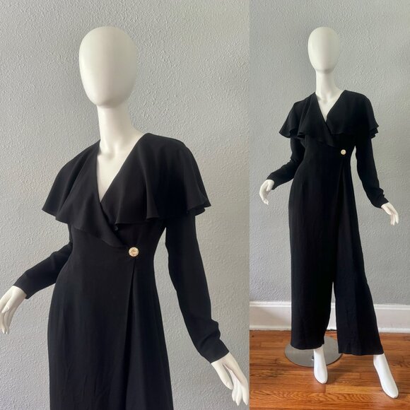 Vintage 80s Black Avant Garde Wide Leg Long Sleeve Jumpsuit M - Picture 1 of 11